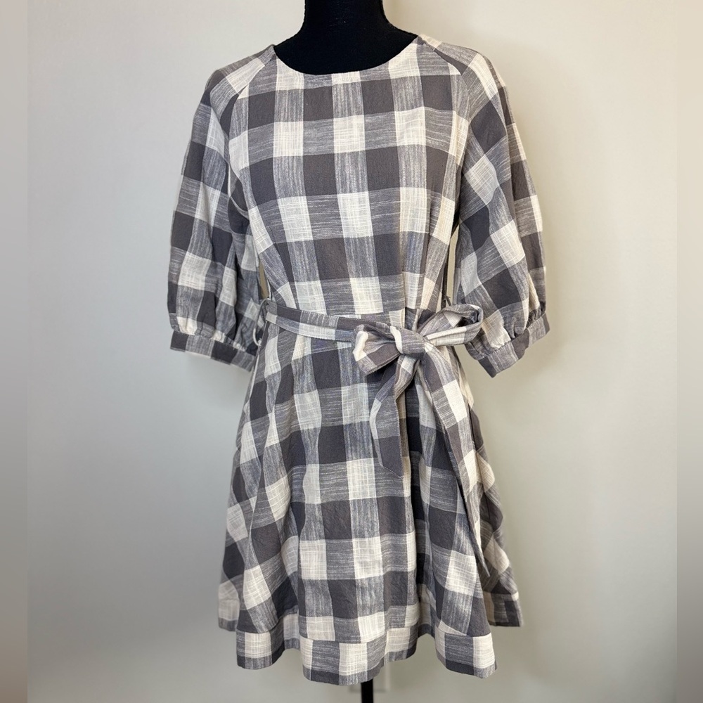 Love + Harmony Gingham Mini Dress Tie Waist Puff Sleeve Size M